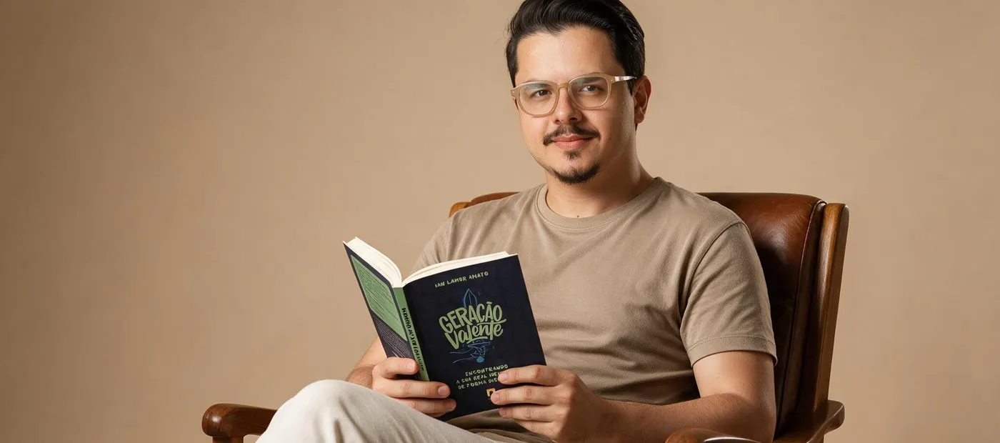 Ian Lahor Amato segurando o livro Geração Valente